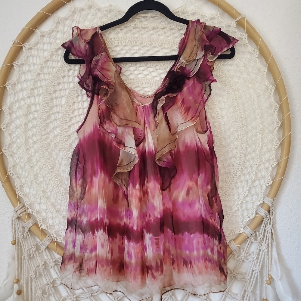 Anthropologie Blue Tassel Silk Collection Boho Flowy Ballet Tie-Dye Top Size M